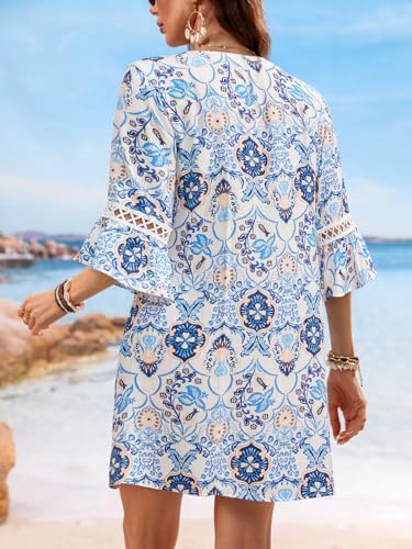 Image of CUPSHE Women V Neck Lace Trim Mini Summer Dress Cover Up 3 /4 Sleeve Ruffled Cuff Casual Sundress Beach Dresses Cover Ups