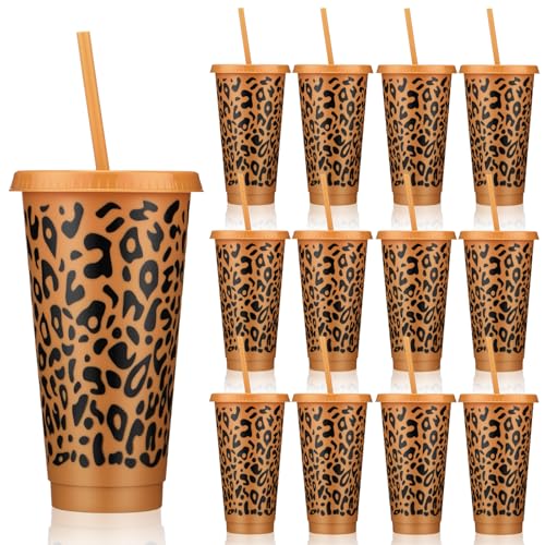 Acellegic 12 Pack Leopard Party Decorations Cups Bulk with Lids and Straws