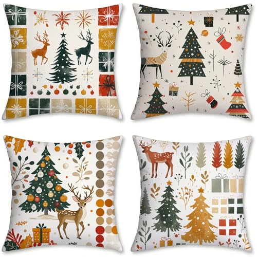 Cojines Exterior Impermeable Lino Fundas Cojines 35x35 Dibujos Animados Fundas de Almohada 4 Piezas Fawn Cojin Sofa, para Jardín Sofá Camping, Decoracion Jardin, Decoracion Terraza Exterior, o-538