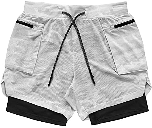 ZRDSZWZ Pantaloncini da uomo affidabili a doppio strato con cuciture traspiranti da basket allenamento multitasche da corsa all'aperto pantaloni sportivi di tendenza di base (colore: bianco, taglia: