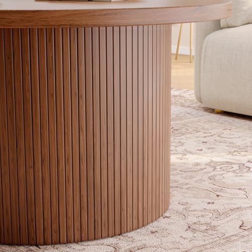Image of Wooden Coffee Table for Living Room | Modern Fluted Drum Center Table with Wood Grain Finish | Walnut Brown