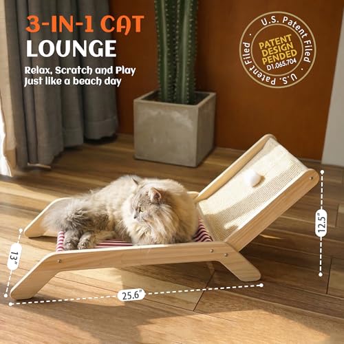 Griffoir pour chat multifonction pliable style chaise de plage en bois - 4