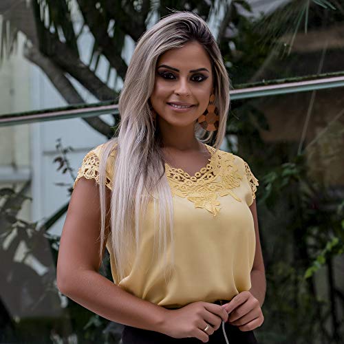 Blusa Feminina Manga Curta Social Festa Moda Evangelica (G/42, Amarelo)
