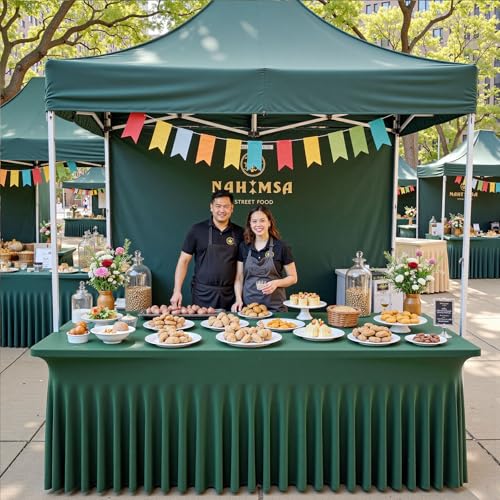 Image of 6 pk Hunter Green Spandex Tablecloth 8ft With Ruffle Table Skirt, Wrinkle Free Stretchy Fitted Tablecloths for 8 Foot Rectangle Tables, Elastic Spandex Table Covers for Weddings Parties Banquet Craft