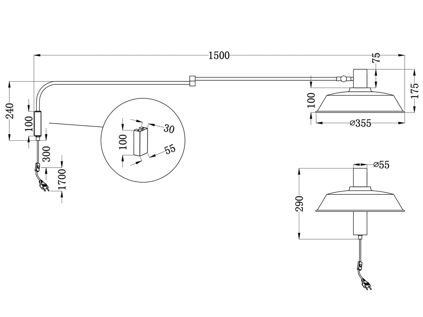 Wandleuchte schwenkbar mit Stecker und Schalter, max. Ausladung 150cm