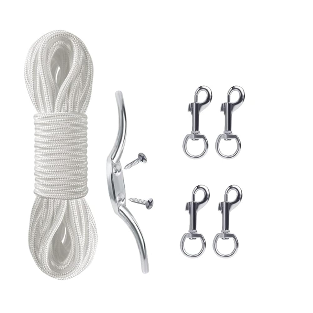 Jnchdghwa White & Silver Flag Rope And Clips Kit - 50Ft Flag Pole Rope Halyard With Cleat Hook & 4 Pcs Swivel Snap Clips For Flagpoles Up To 25Ft
