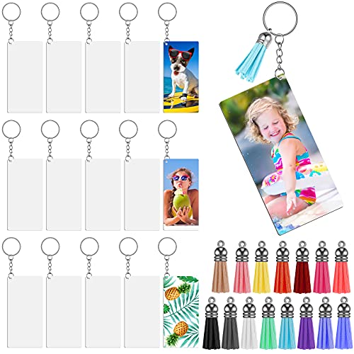 30 Pieces Sublimation Blank Keychains 2 x 4 Inch Rectangle Heat Transfer Keychain with Colorful Leather Tassel, MDF Blank Board Key Rings Tassel Set for DIY Keychain and Craft, Single-Side Printing