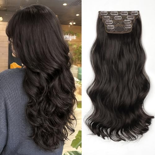 Kookastyle Clip in Hair Extensions, Natural Long Layered Soft Invisible Synthetic Curly Wavy Hairpieces for Women,4 pcs(20 Inch,Rich Dark Brown Silky Shine)