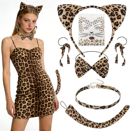 Katyjun 9-teiliges Leoparden-Kostüm Set für Damen – Vollständiges Tier-Kostüm mit Haarreif, Schleife, Schwanz, Ohrringen & Tattoos für Karneval, Fasching, Halloween & Themenpartys