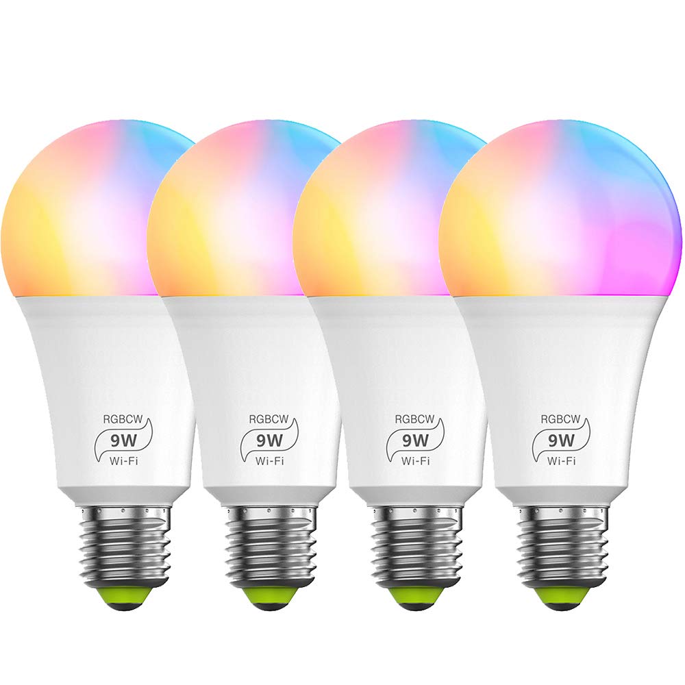 Bombilla inteligente Wifi Alexa E27, funciona con Alexa y Goole Home, no requiere concentrador (9W regulable, color RGB blanco 2700K-6500K, WiFi de 2.4GHz) (paquete de 4)