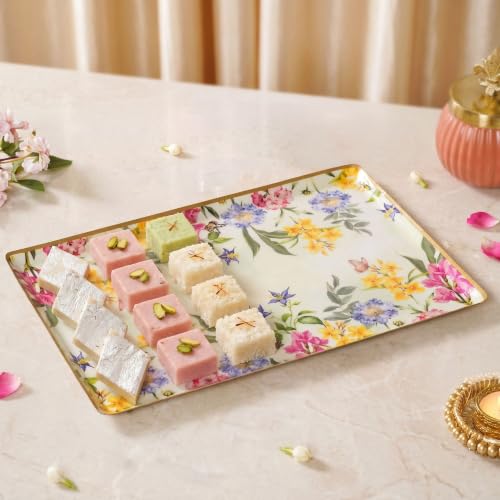 Image of Nestasia Serving Tray with Gift Box (33cm x 23cm) - Elegant Floral Print Platter with Golden Rim for Decoration & Gifting | Food Safe, Rust-Resistant & Premium Finish Tray - Perfect for Home Decor