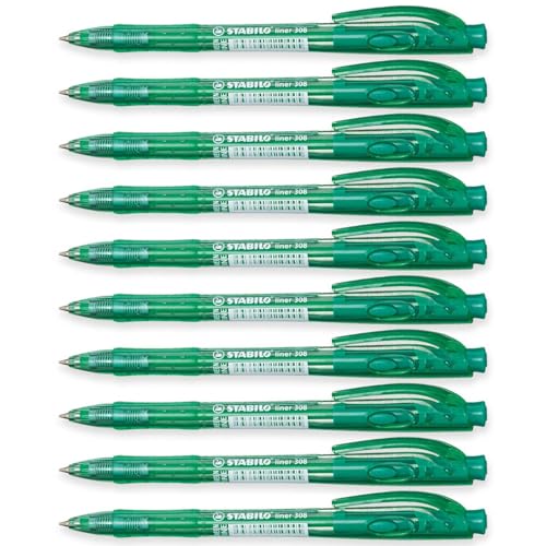STABILO liner - Retractable Ballpoint Pen - Fine - Pack of 10 - Green