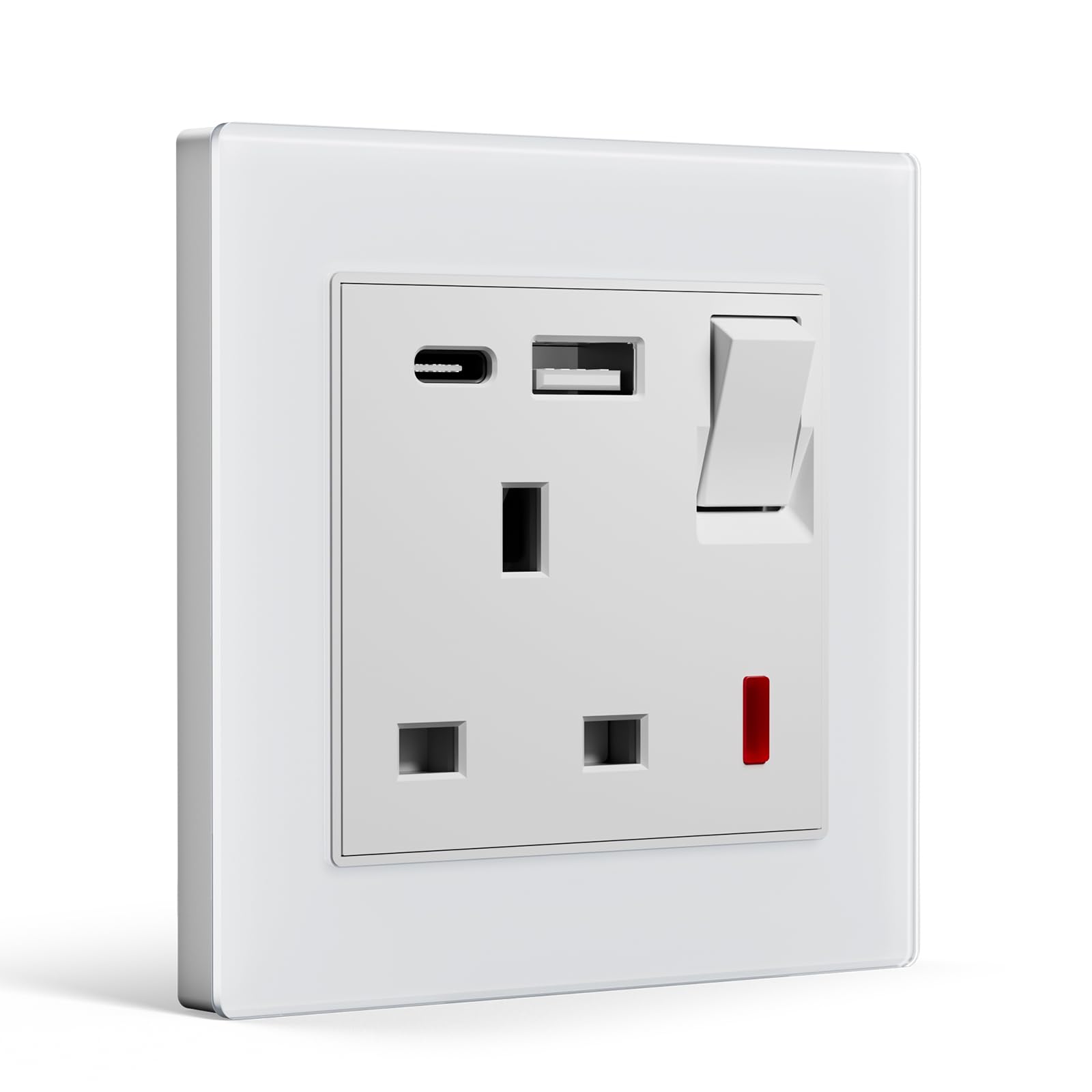 BSEEDLIFE Single Switched Wall Socket,Electric Plug Socket Outlets with 20W USB/USB-C,13 A,Glass Panel Outlet Compatible with 3 Pin UK Standard Plug,86mm White