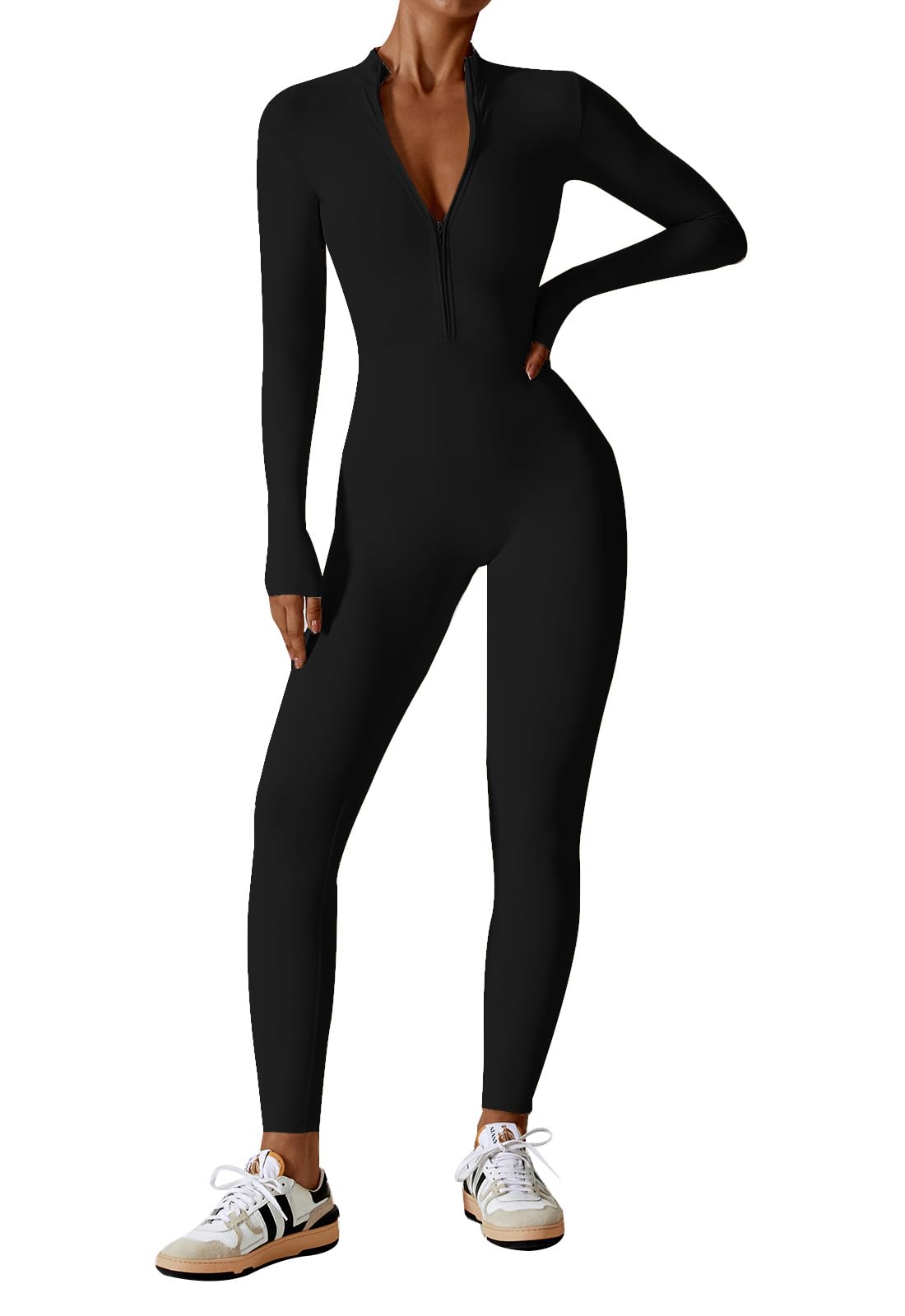 Ecupper Jumpsuits Damen Yoga Bodycon Einteiler Zip Up Overall Rompers Langärmelig Workout Outfit