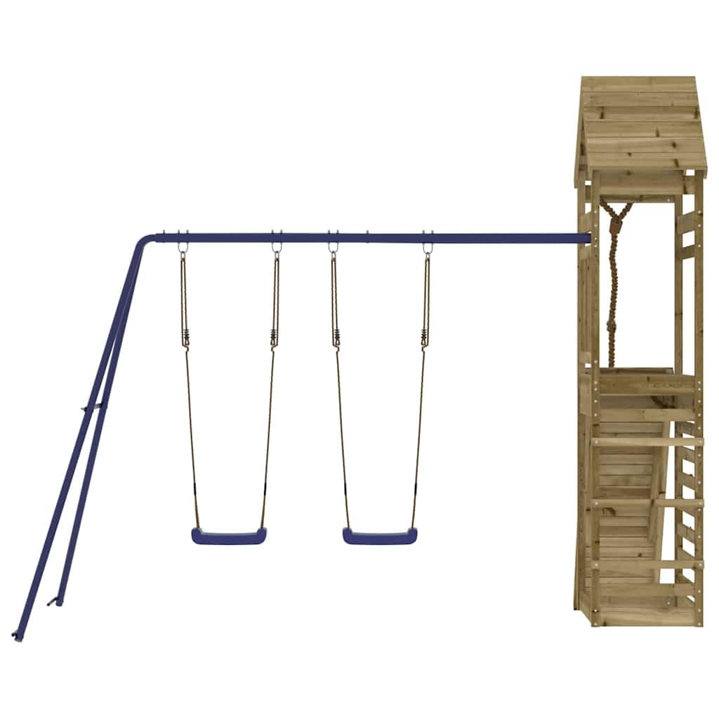 Wieża do zabawy z impregnowanego ciśnieniowo drewna sosnowego z rusztowaniem do wspinaczki, podwójna huśtawka, piaskownica, platforma 90 cm, domek do zabawy dla dzieci w ogrodzie, odporny na