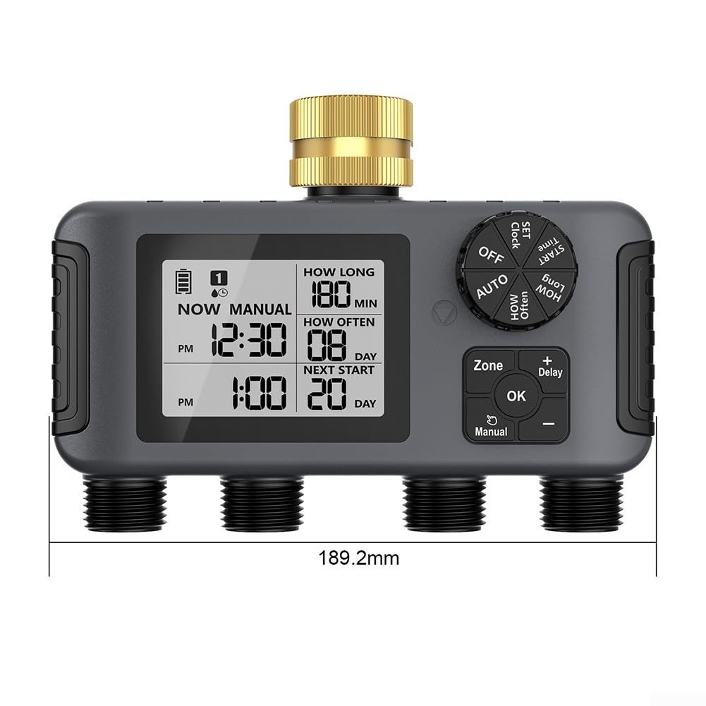 Timer automatico per irrigazione da giardino con 4 per il controllo dell'acqua della zona, sistema di irrigazione intelligente alimentato per tubo flessibile, funzione ritardo pioggia e impermeabile