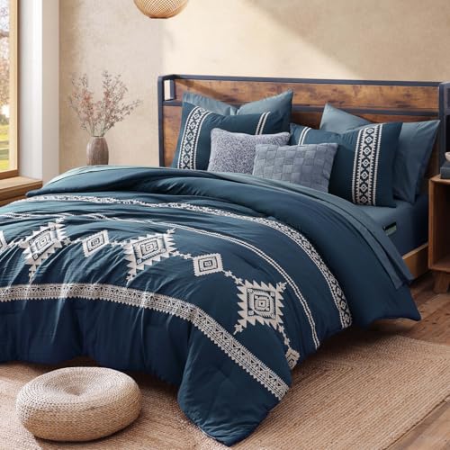 Image of MaiReve Embroidery Queen Comforter Set 7 Pieces Navy Blue Bed in a Bag