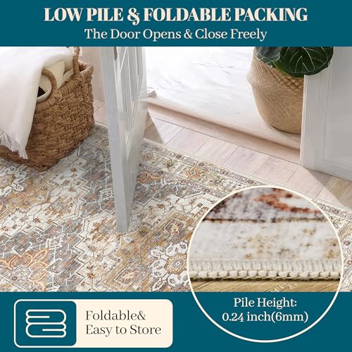 Madane Hallway Runner 3x14 - Runner Rugs 14ft Washable Entryway Rug Vintage Kitchen Runners Non Slip Indoor Area Rug Farmhouse Carpet Runner for Bathroom Living Room Bedroom, Turmeric/Grey