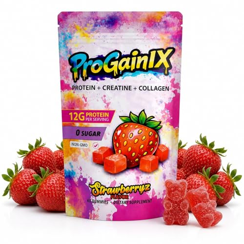 Strawberry 3-in-1 gummies combining 12g protein, creatine and collagen — one chew instead of two supplements