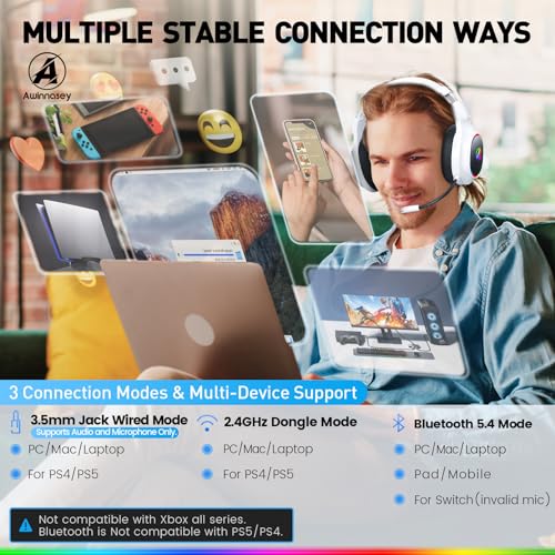 image for Awinnasey 2.4GHz Wireless Gaming Headset with Wired Mode, 5.4 Bluetoot
