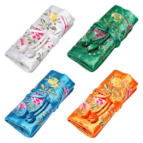 Sxutop 4 Piezas Bolsa Enrollable Bordada para Joyas de Viaje Rollo de Joyería de Viaje con Bordado Chino de Flores y Pájaros Bolsa de Rollo Portátil con Cordónpara Anillos Pendientes Collares Pulseras