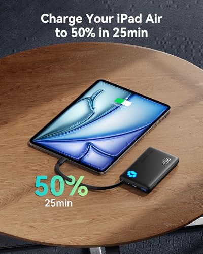 Image of INIU 45W Fast Charging Tablet Portable Charger, Smaller 10000mAh Power Bank | Flight-Safe, Built-in USB C Cable, Flashlight, Battery Phone Pack for Tablet, iPad, iPhone 17 16, Samsung S26 etc, Pink