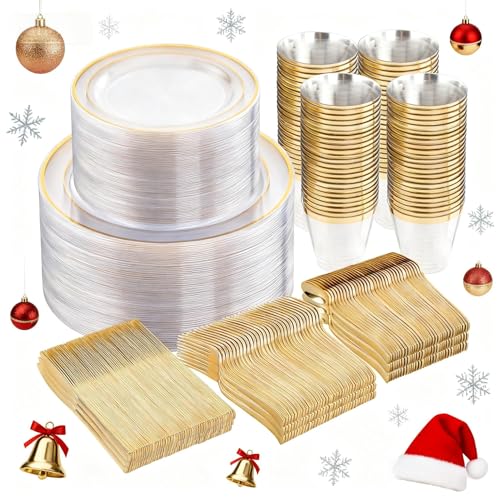 WELLIFE 600pc Gold Trim Plastic Dinnerware Set for Party: 100 Dinner Plates, 100 Dessert Plates, 300 Cutlery WELLIFE 600pc Gold Trim Plastic Dinnerware Set for Party: 100 Dinner Plates, 100 Dessert Plates, 300 Cutlery