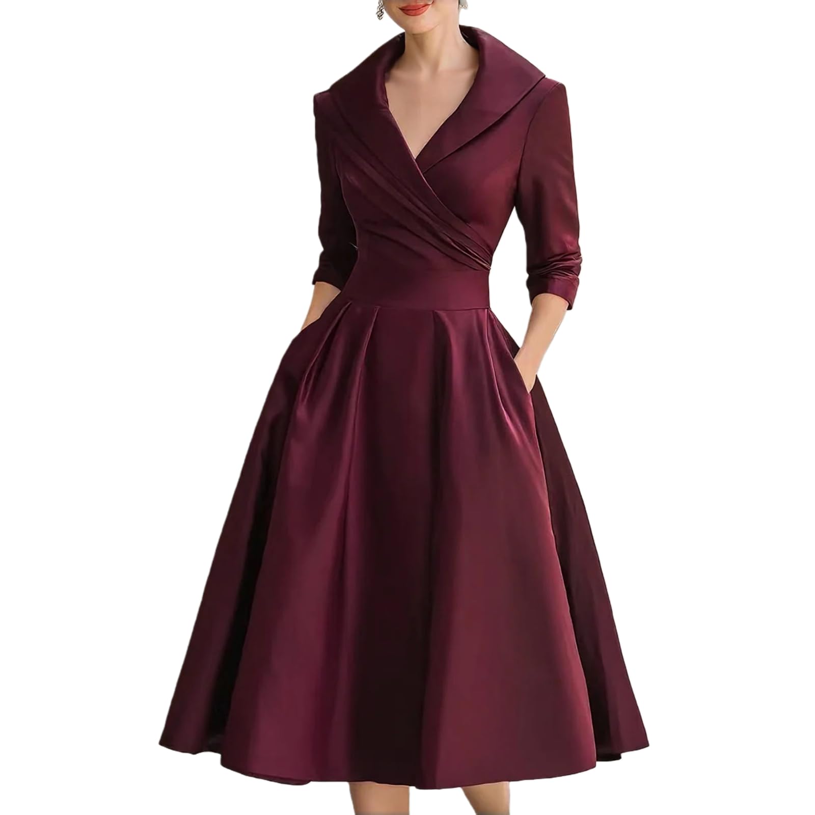 Vintage Inspired Satin Midi Dress with Draped Collar Temperament Formal Waist Dress Slimming Elegant Long Sleeve Dress