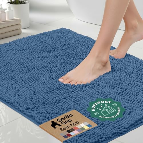 Image of Gorilla Grip Original Luxury Chenille Bathroom Rug Mat, 60x24, Extra Soft and Absorbent Shaggy Rugs, Machine Wash Dry, Perfect Plush Carpet Mats for Tub, Shower, and Bath Room, Blue