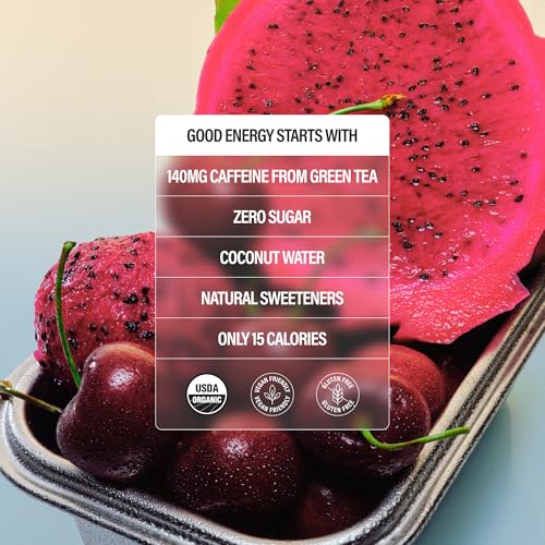 Image of GURU Zero Sugar Energy Drink, Dragon Fruit Cherry Sorbet Organic Sparkling Energy Drink with 140 MG Natural Caffeine & Coconut Water for Workouts, Performance & Midday Boost, Gluten Free, Vegan, 12 Fl Oz, 24 Pack