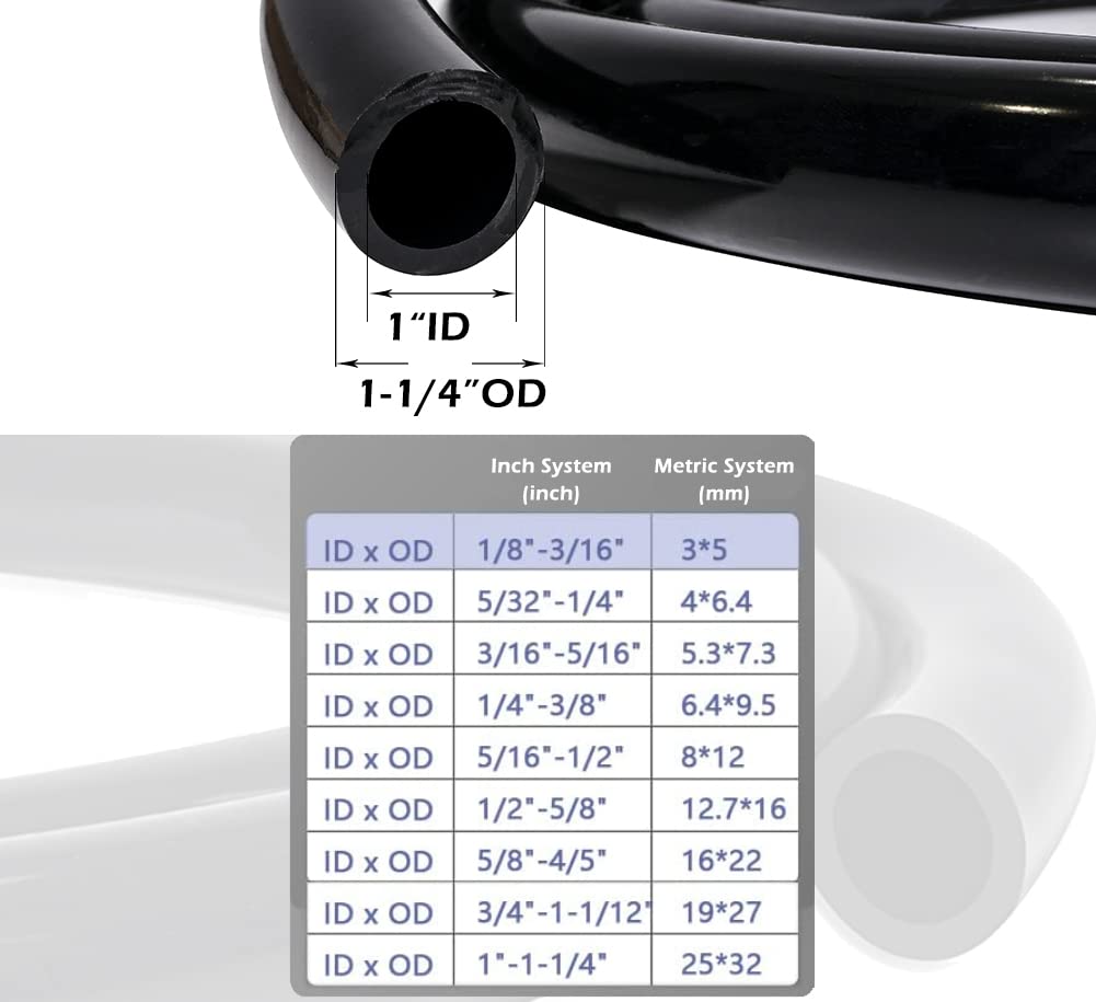 Feelers Tubo de vinilo de PVC negro de 1 pulgada de diámetro interior x 1-1/4 pulgadas de diámetro exterior para acuario, línea de aire, manguera ligera sin BPA, 9.84 pies