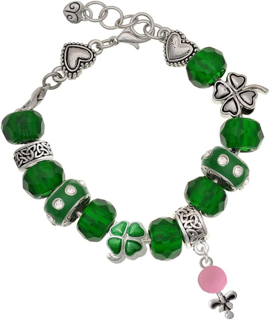 Delight Jewelry Silvertone Baby Rattle - Green Irish Luck Bead Charm Bracelet, 7.5"