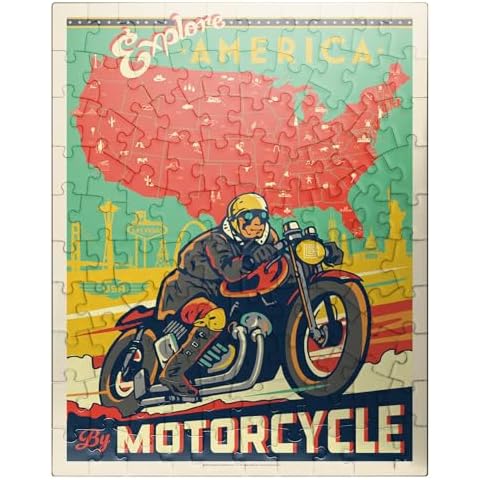 MyPuzzle Explore America by Motorcycle, Vintage Poster - Premium 100 Piece Jigsaw Puzzle for Adults Cover