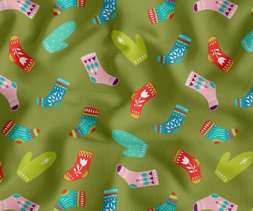 Image of Soimoi Green Cotton Canvas Fabric Socks & Gloves Folk Art Print Fabric by Meter 56 Inch Wide