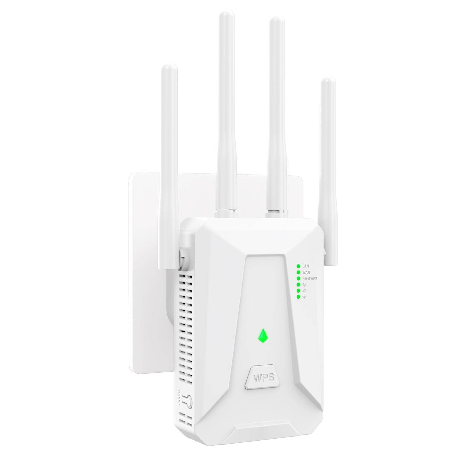 Repetidor WiFi Largo Alcance, Amplificador Señal WiFi 2.4 GHz con 4 Antenas, Extender con Puerto Ethernet 300 Mbps, Compatible con Todos los Routers, Botón Repetidor/Router/Ap (Blanco)