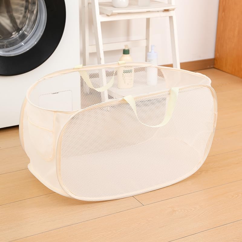 Collapsible Laundry Hamper - Foldable Clothes Storage Basket for Bathroom & Home, Space-Saving Laundry Organizer Bin (beige)