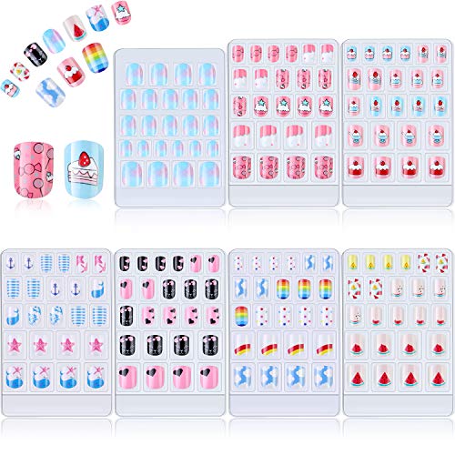 168 Pieces Children False Nails 7 Days Press on Artificial Nail Tip Full Cover Short Glitter Fake Fingernail in 7 Box with Candy Heart Rainbow Pink Gradient Pattern for Girls Kids Nail Art Decoration