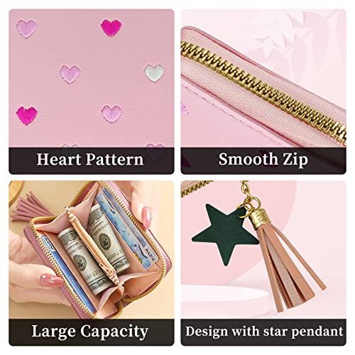 Womens Wallet with Zipper, PU Leather Women's Wallet with Card Slots, Credit Card Holder Small Wallet with Heart-embroidery Cute Wallet with Star Tassels Pendant3
