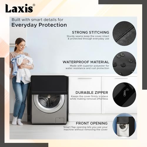 Image of LAXIS Front Load Washing Machine Cover Front Load for 8 Kg, 8.5 Kg, 9 Kg, 9.5 Kg, 10 Kg | Waterproof & Dustproof Polyester Fabric Cover with Zipper (63X63X93 cm- Black)