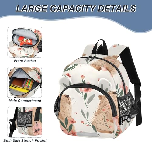 Kid's Backpack for Boys & Girls Toddler Bag Pink Flowers Capybara Seamless Backpack with Safety Leash4