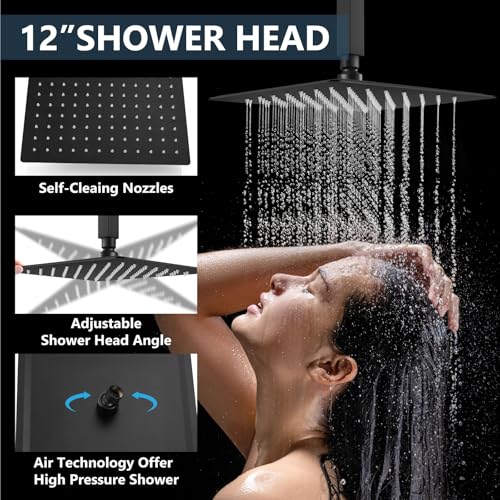 Image of Aolemi Ceiling Shower Faucet Set System Dual Head 12&6 Inch Matte Black