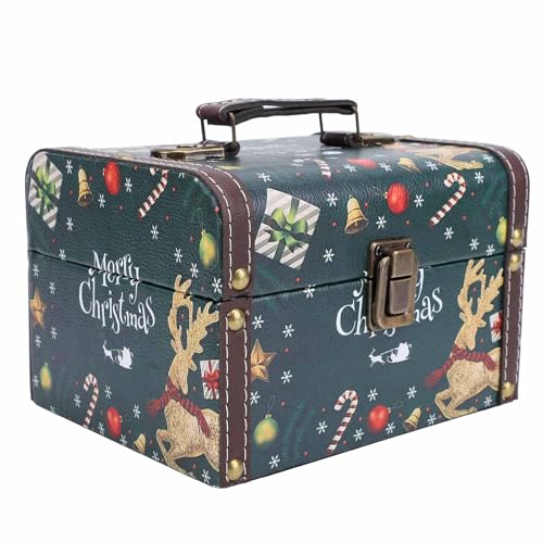 Phefop Cofre del Tesoro Navideño, Almacenamiento Decorativo de Recuerdos de Cuero y Madera para Joyas y Regalos, 18x14,5x12 Cm para Uso Doméstico Festivo (ciervo navideño)
