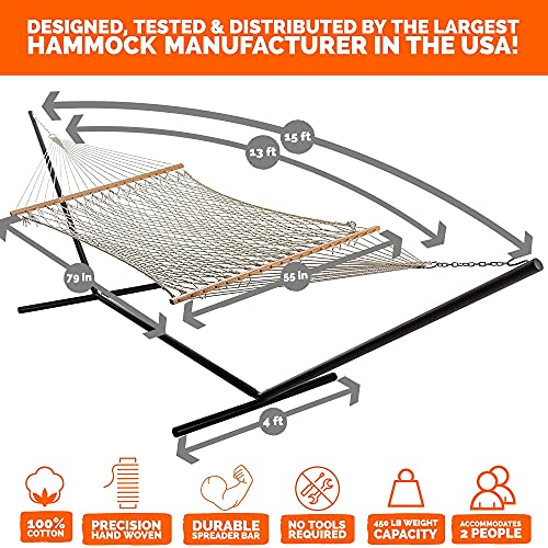 Castaway Living 13 Ft. Double Traditional Cotton Rope Hammock With 15 Ft. Heavy Duty Hammock Stand, Accommodates Two People With A Weight Capacity Of 450 Lbs. #TOP3