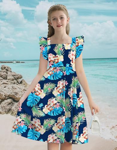21KIDS Girls Summer Tie Back Dress Ruffle Sleeve Tropical Print Casual Midi Dress with Pockets for Girls 6-12 Years4