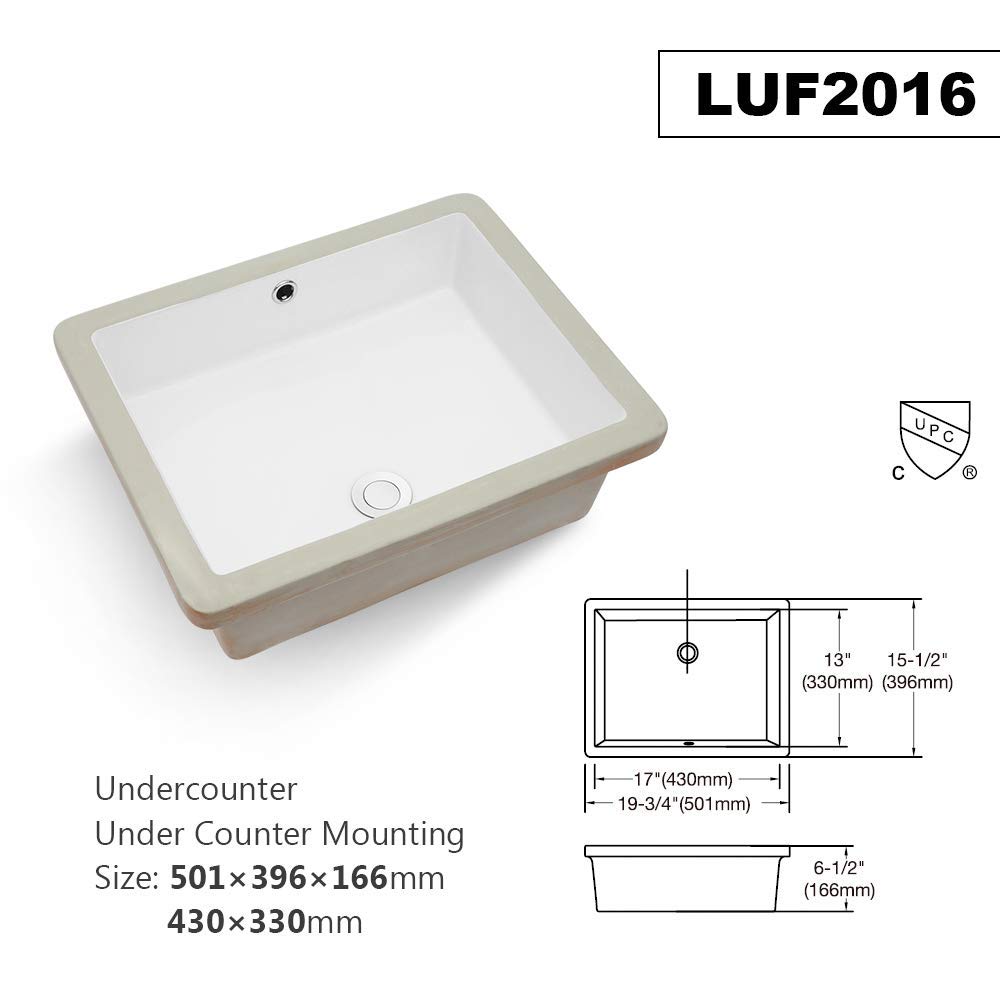 Lordear Fregadero de baño empotrado, rectangular, porcelana blanca, cerámica, lavabo con desbordamiento de 20 x 16 pulgadas
