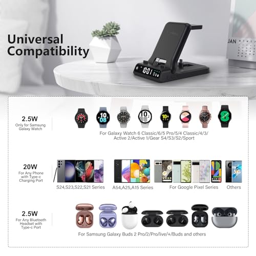 Estação de carregamento para Samsung, suporte de base de carregamento rápido dobrável de 25 W 3 em 1