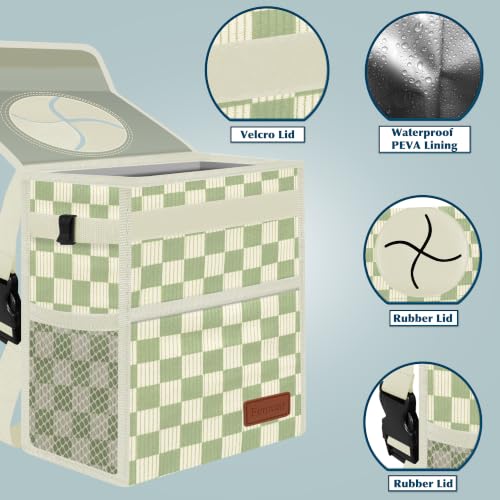 Image of Femuar Leak Proof Car Trash Can with Lid, Collapsible Hanging Waterproof Car Trash Bag with Mesh Pocket for SUV Front Seat Headrest, Beige Light Green Plaid