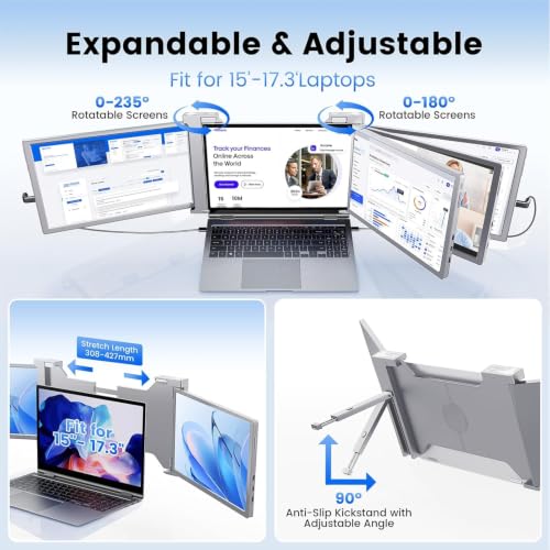 Image of 15.6'' 1080P FHD Laptop Screen Extender, Portable Monitor for 15 inch-17 inch Laptop with USB-C /HDMI Port, Plug-Play Monitor Extender for Triple Display for Mac /Windows Remote Work & Multitasking