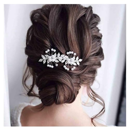 Horquillas de cristal para novia con perlas y hojas plateadas (Pack de 2 piezas)
