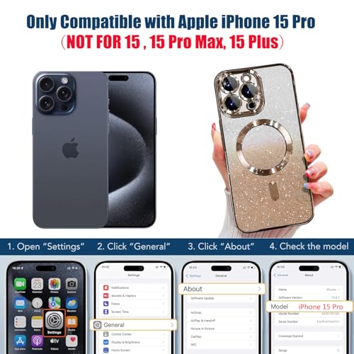 Image of Misscase for iPhone 15 Pro Magnetic Glitter Case Compatible with MagSafe,Camera Lens Protector Full Protection Elegant Anti-Scratch Dust-Proof Net Case Cover for iPhone 15 Pro Gold